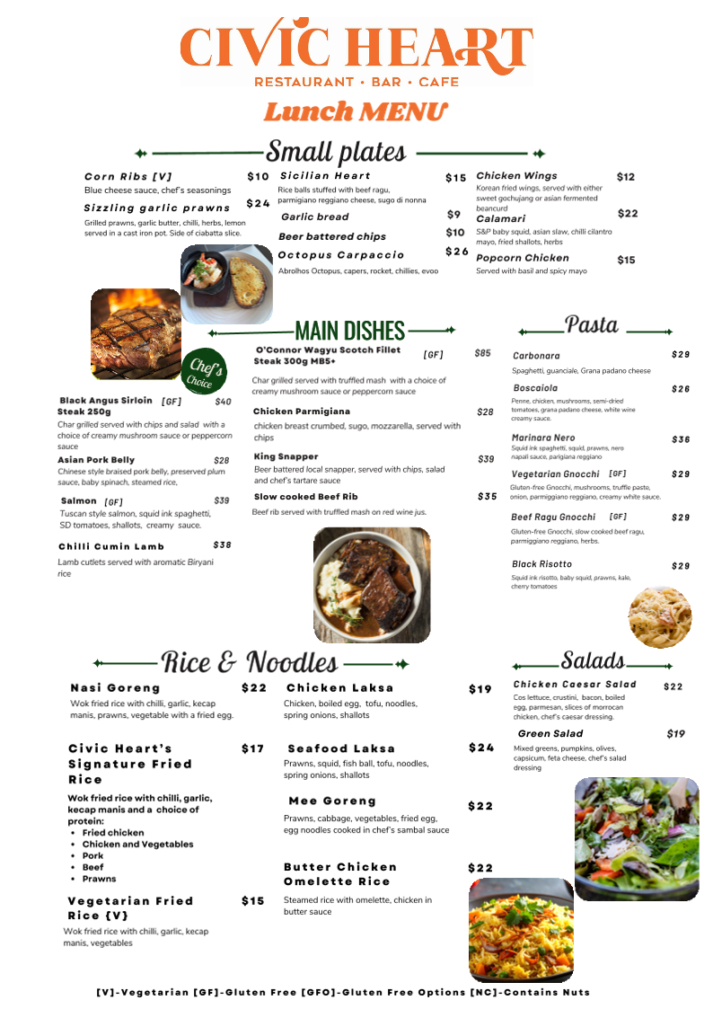 Menu, Civic Heart Restaurant Bar and Cafe