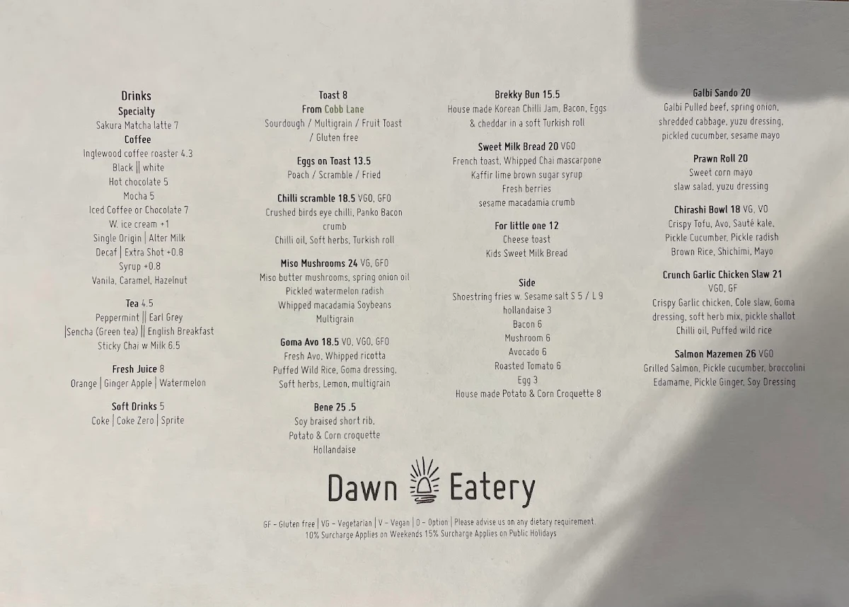 Menu, Dawn Eatery