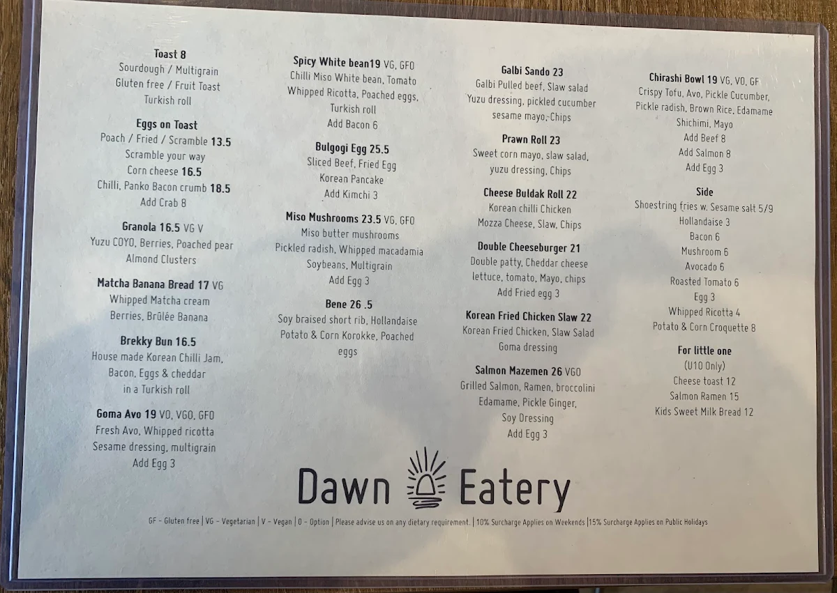 Menu, Dawn Eatery