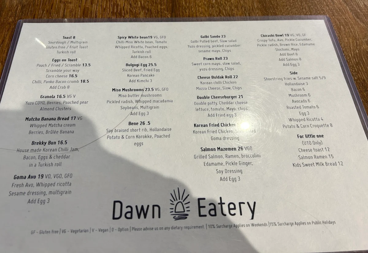 Menu, Dawn Eatery