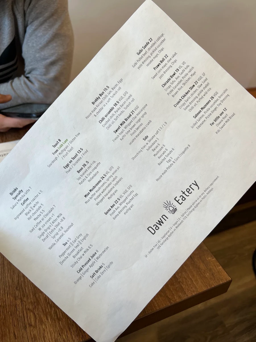 Menu, Dawn Eatery