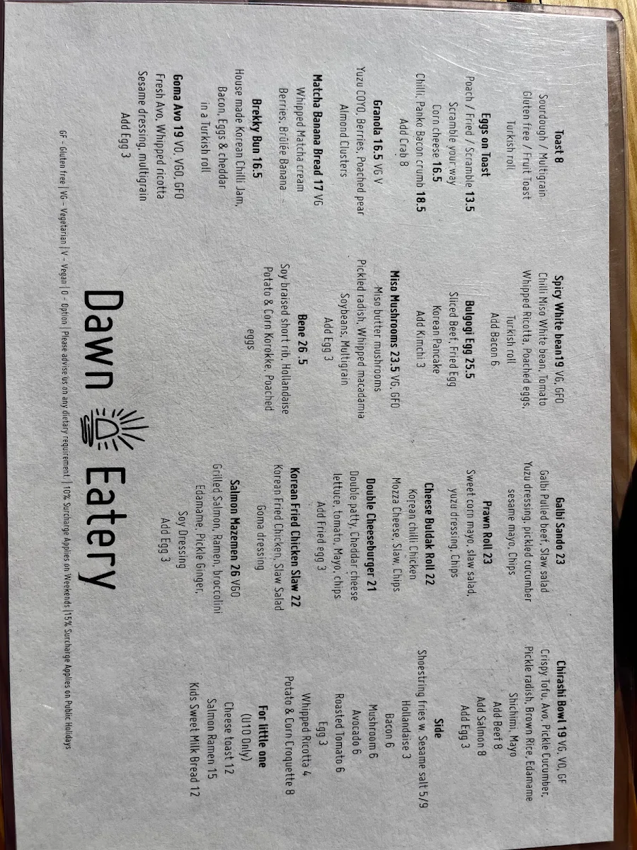 Menu, Dawn Eatery