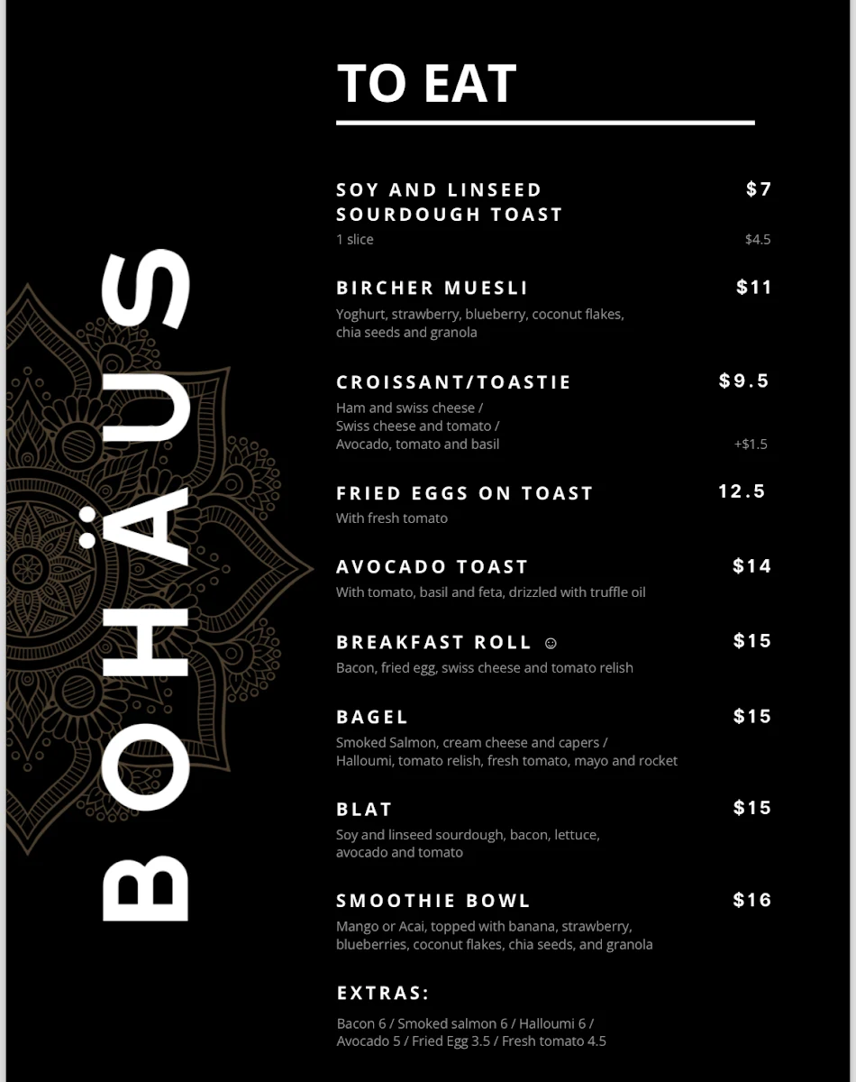 Menu, Bohäus Cafe