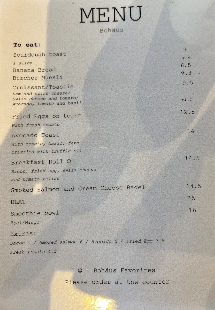 Menu, Bohäus Cafe