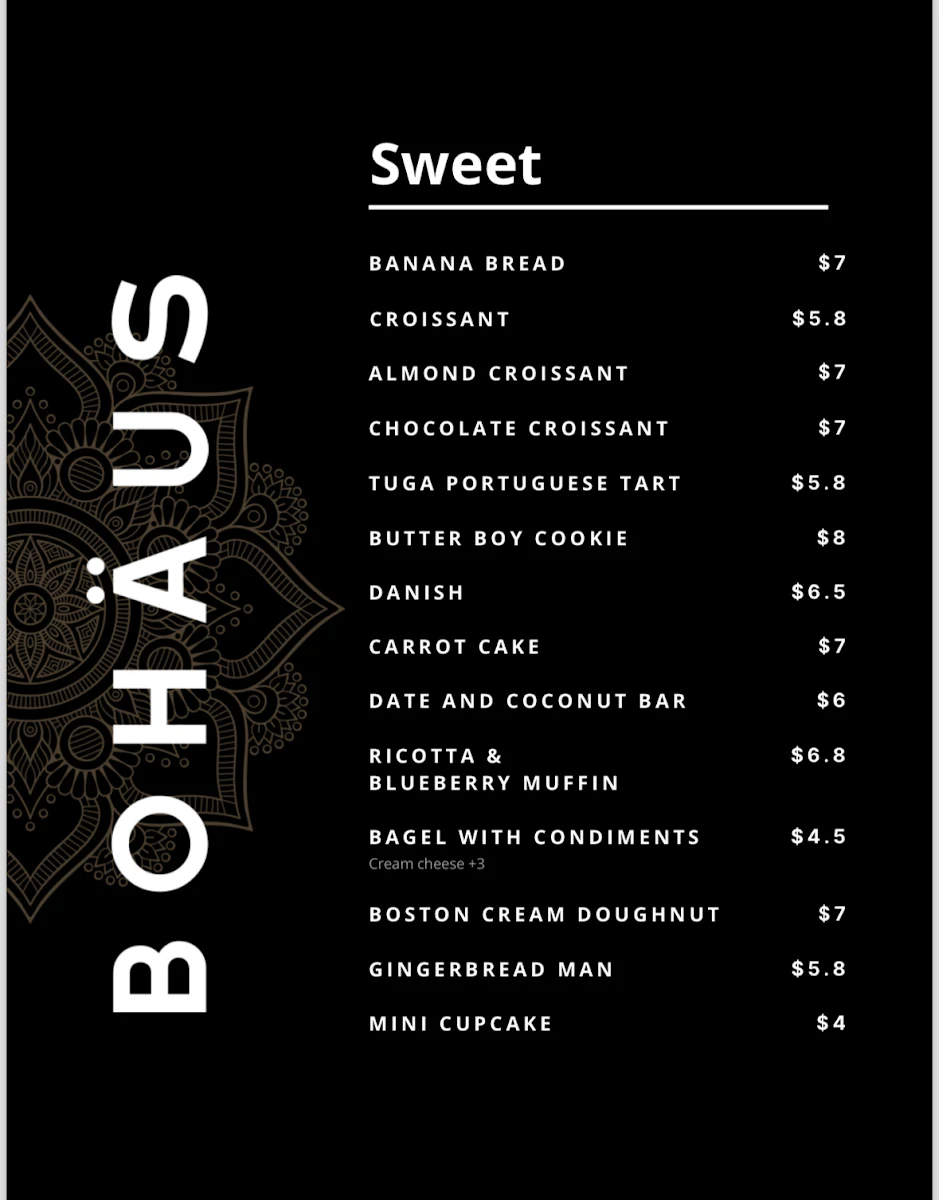 Menu, Bohäus Cafe