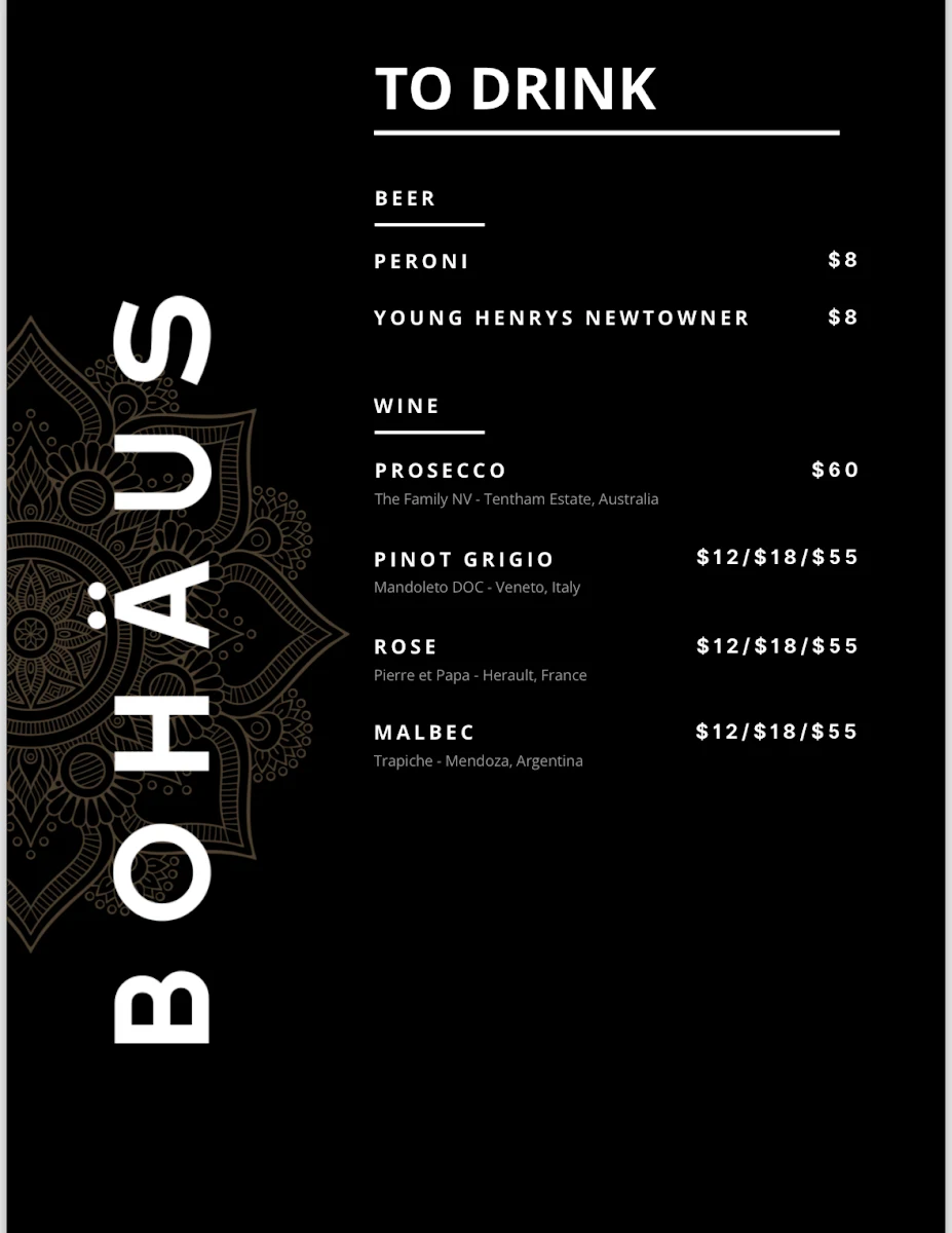 Menu, Bohäus Cafe