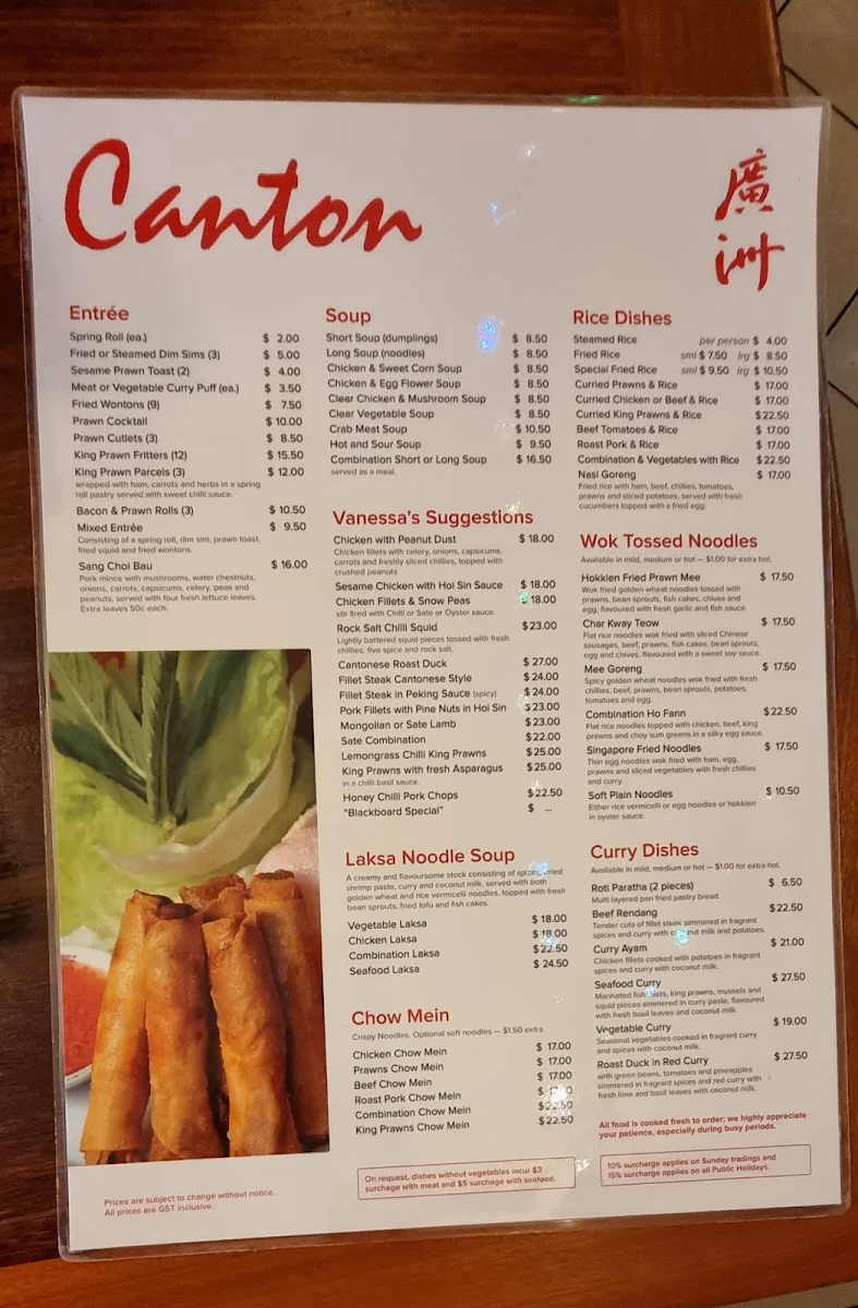 Menu, Canton Chinese Restaurant