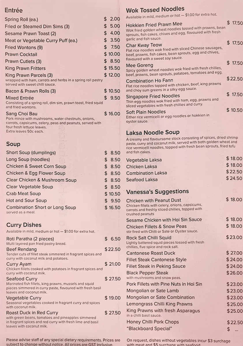 Menu, Canton Chinese Restaurant
