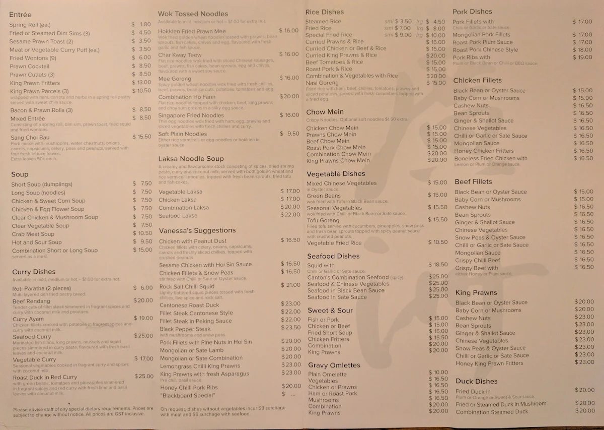 Menu, Canton Chinese Restaurant