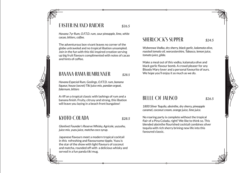 Menu, Nick and Nora's Melbourne