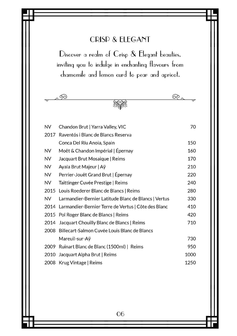 Menu, Nick and Nora's Melbourne