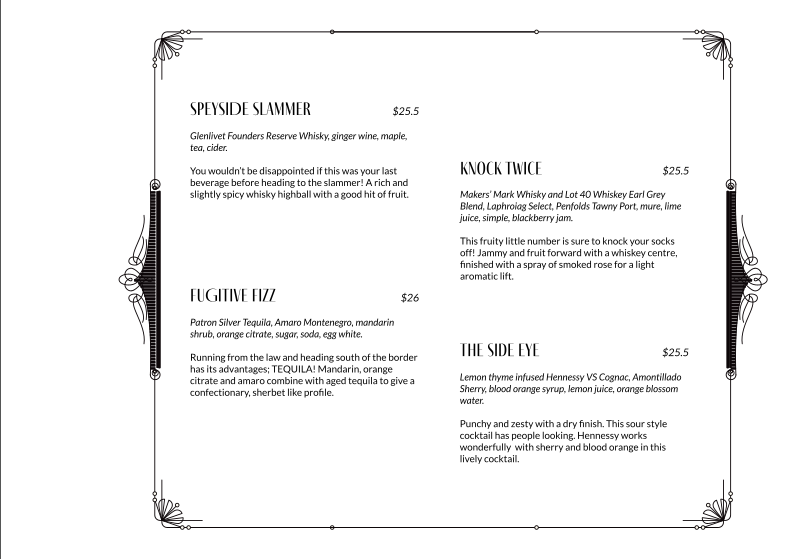 Menu, Nick and Nora's Melbourne