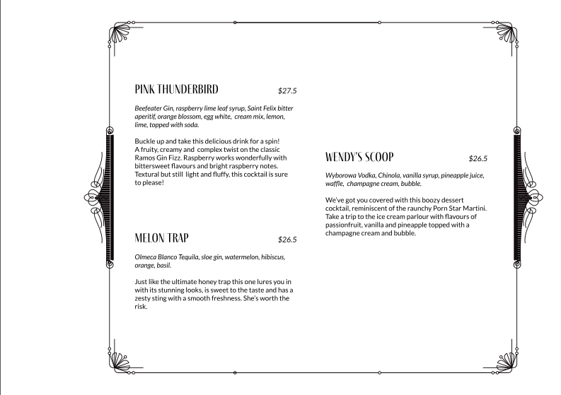 Menu, Nick and Nora's Melbourne