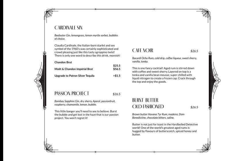 Menu, Nick and Nora's Melbourne