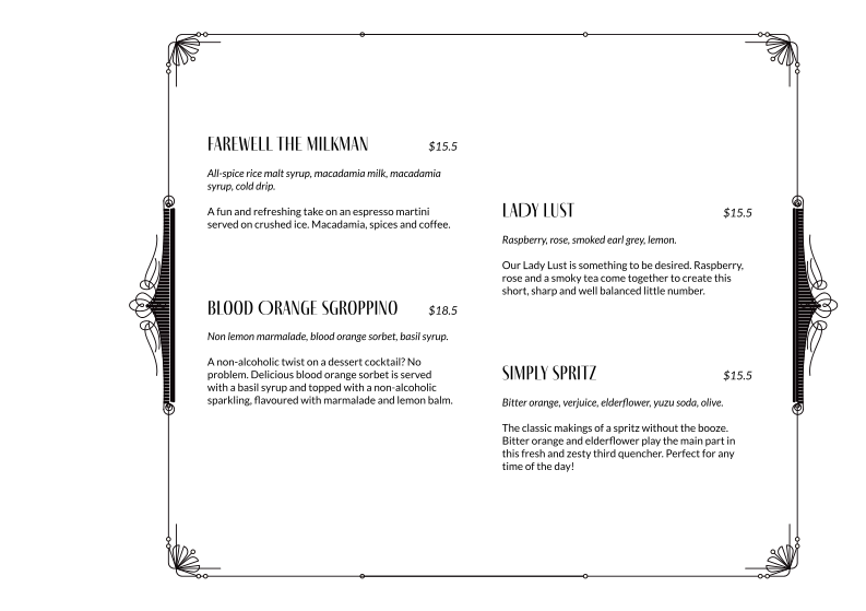 Menu, Nick and Nora's Melbourne