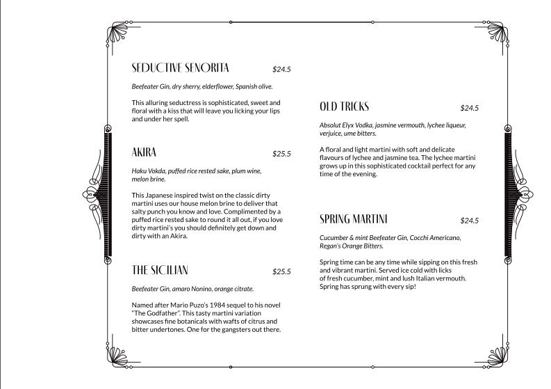Menu, Nick and Nora's Melbourne