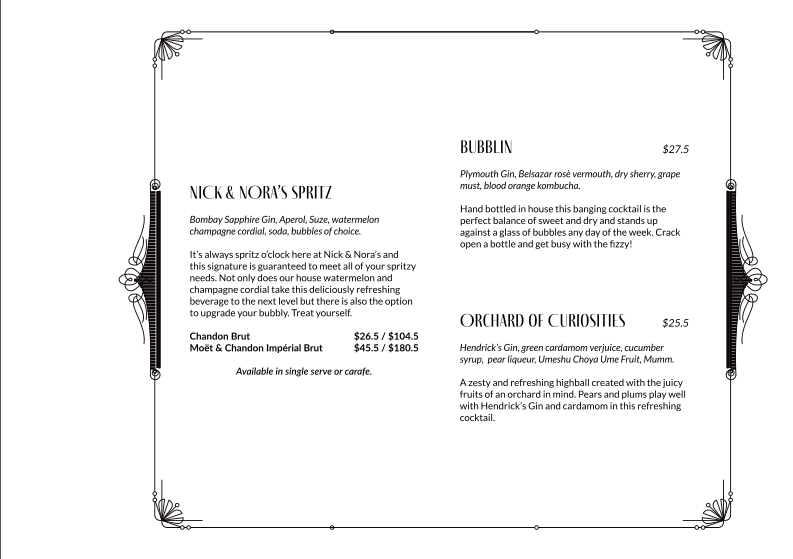 Menu, Nick and Nora's Melbourne