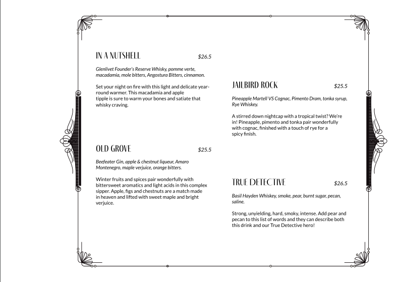 Menu, Nick and Nora's Melbourne