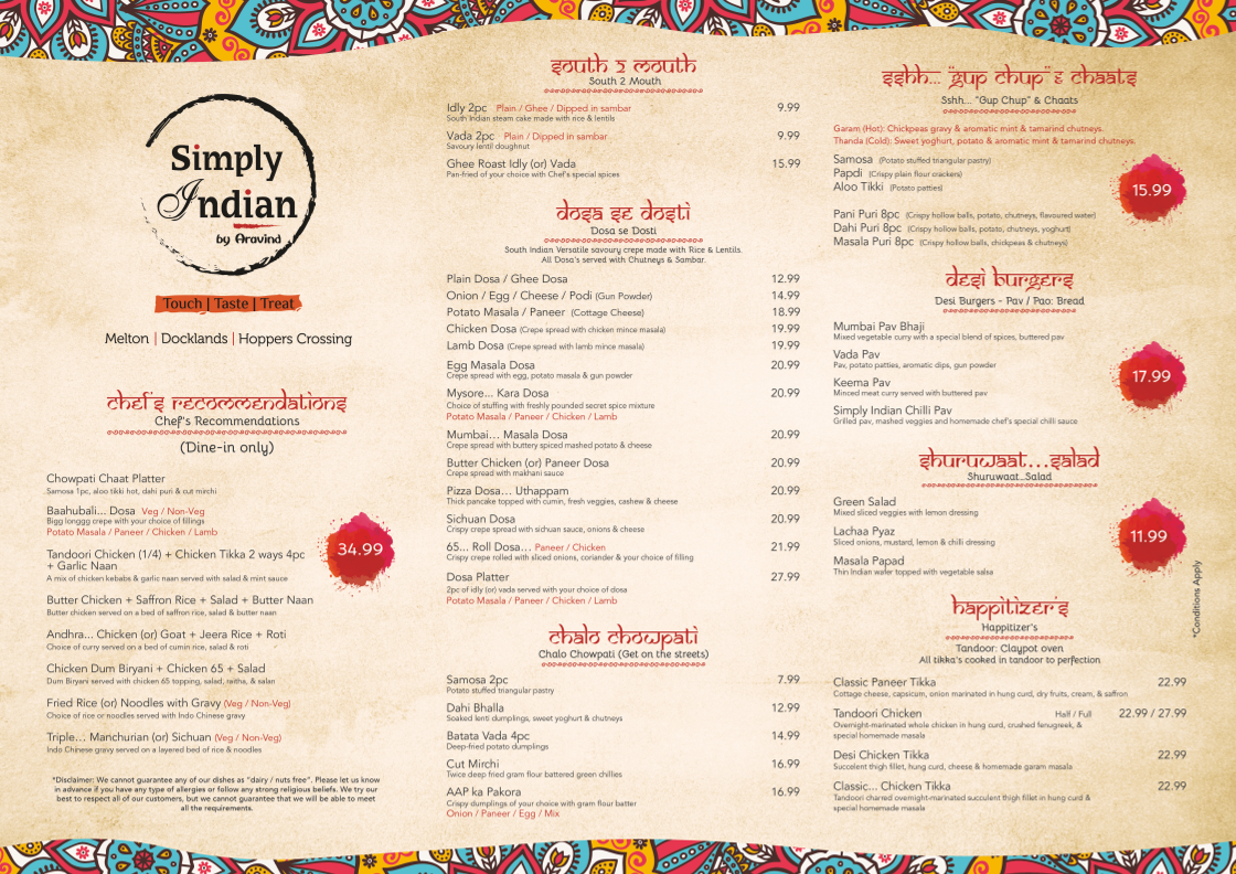 Menu, Simply Indian Melton