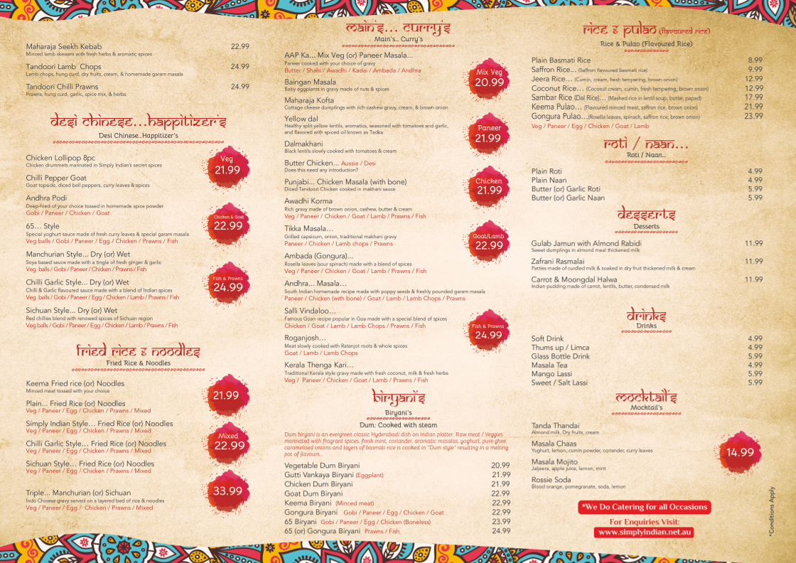 Menu, Simply Indian Melton