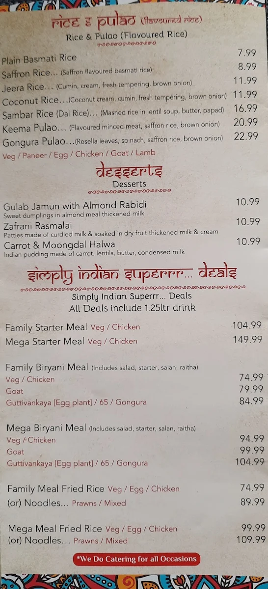 Menu, Simply Indian Melton