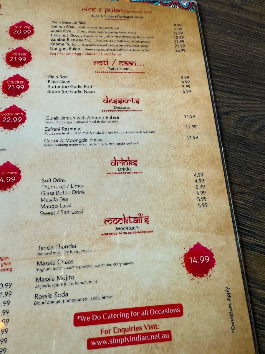 Menu, Simply Indian Melton