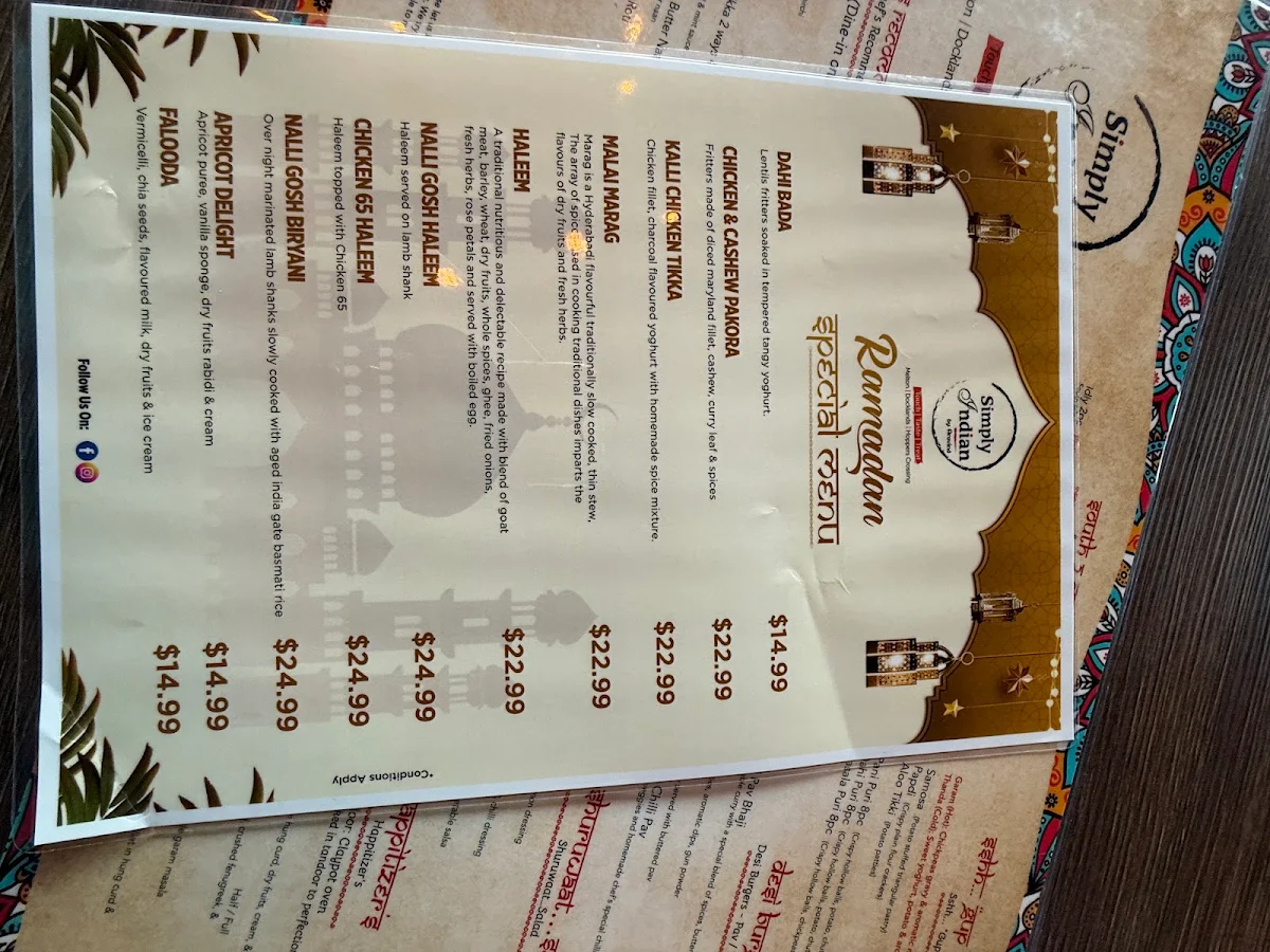 Menu, Simply Indian Melton