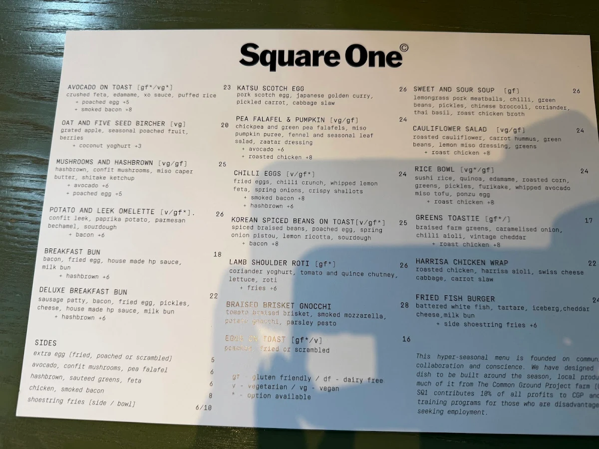 Menu, Square One Rialto