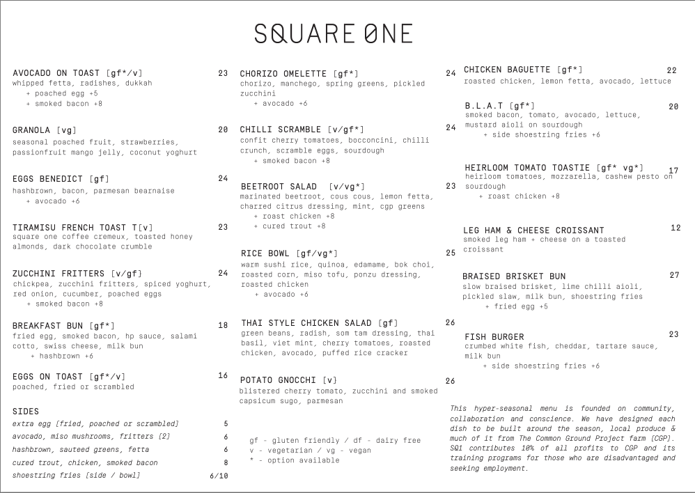 Menu, Square One Rialto