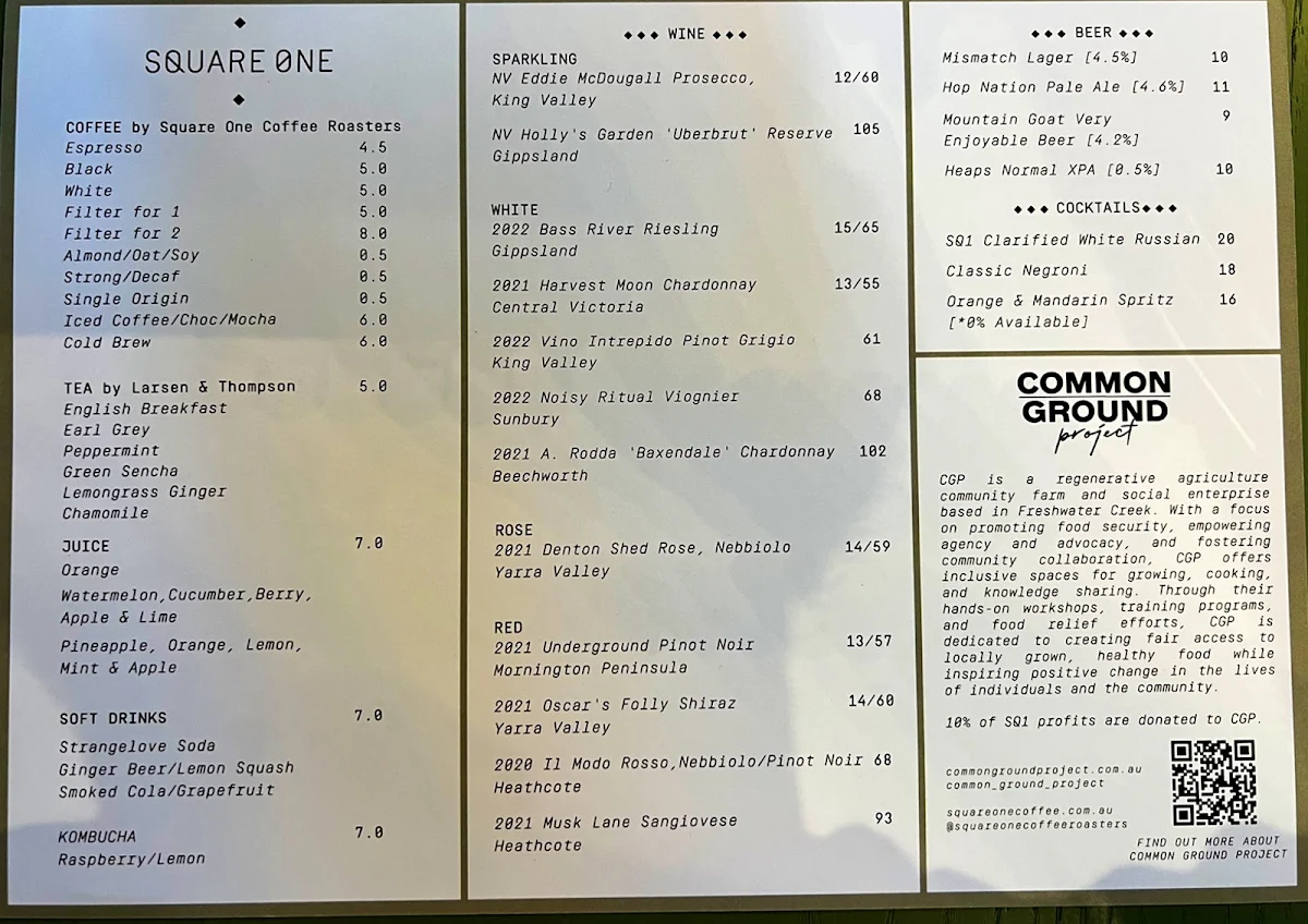 Menu, Square One Rialto