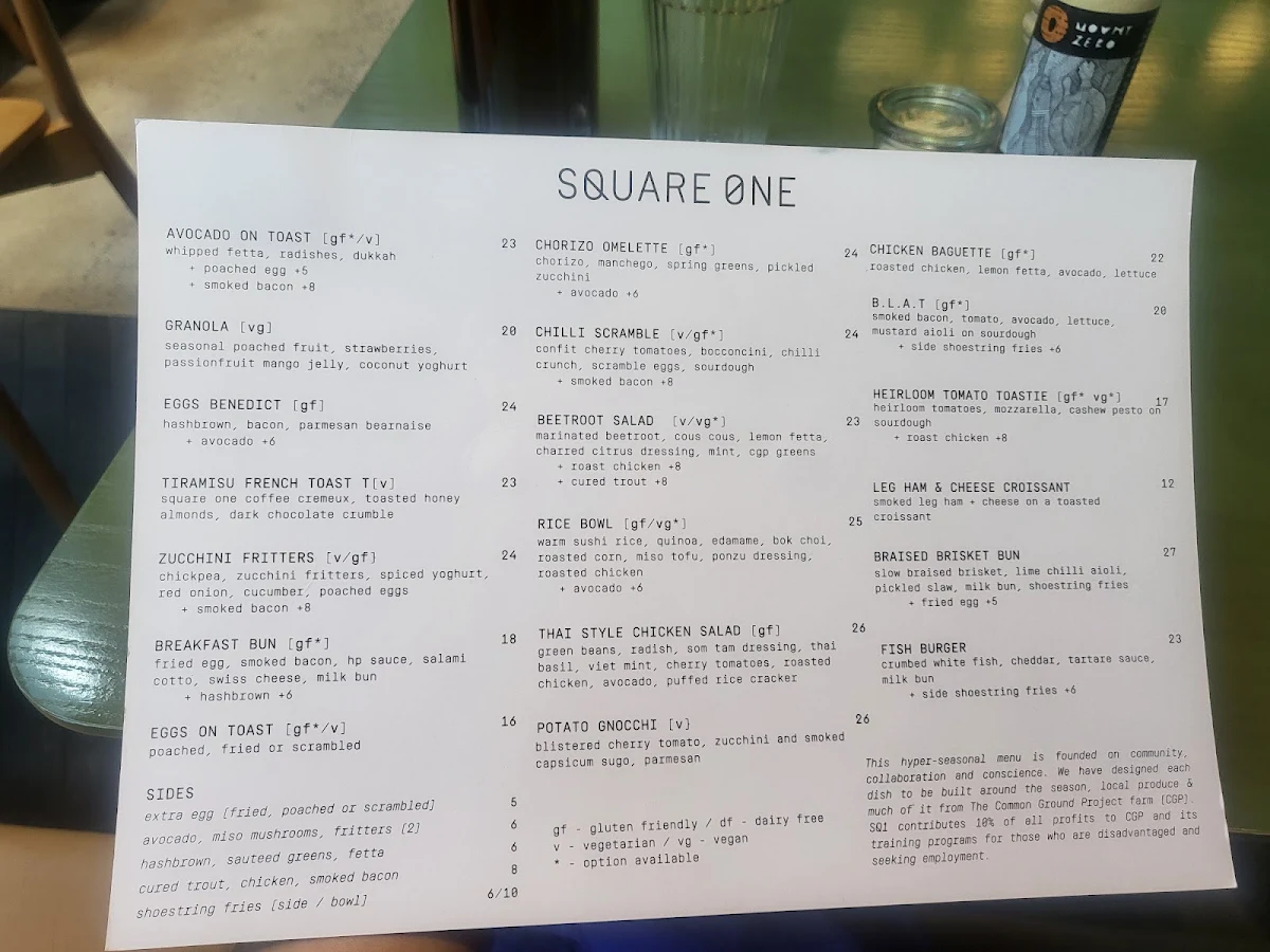 Menu, Square One Rialto