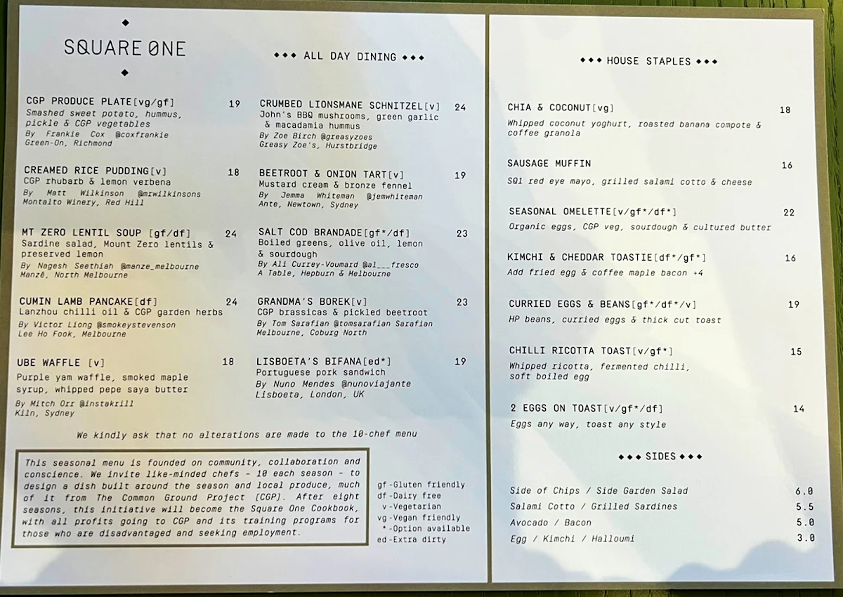 Menu, Square One Rialto