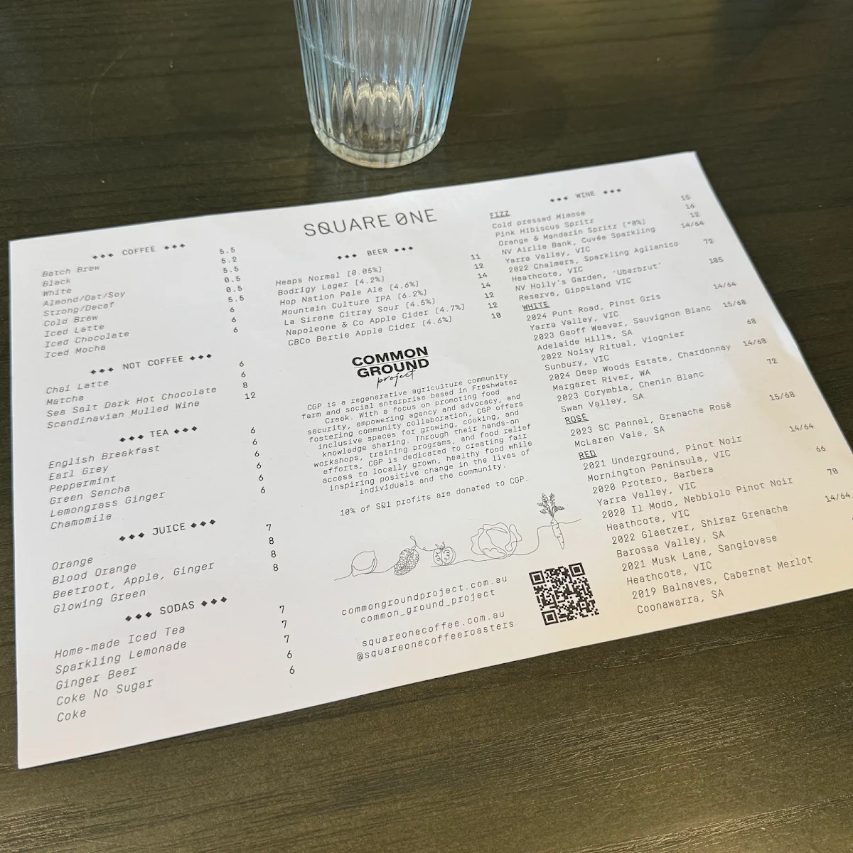 Menu, Square One Rialto