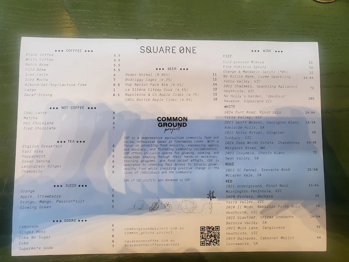 Menu, Square One Rialto