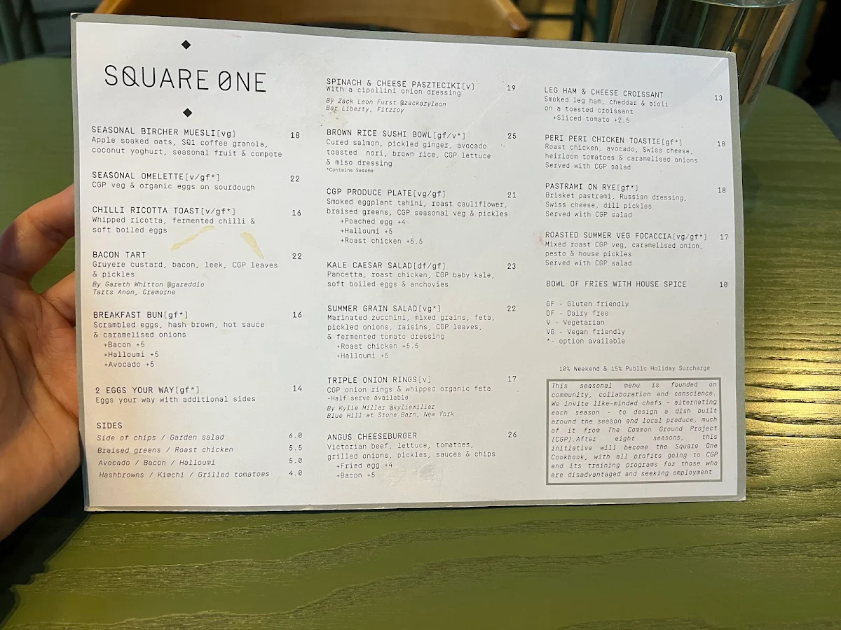 Menu, Square One Rialto