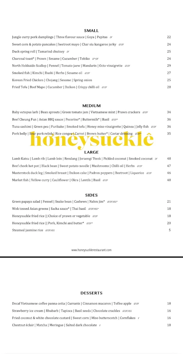Menu, Honeysuckle Restaurant