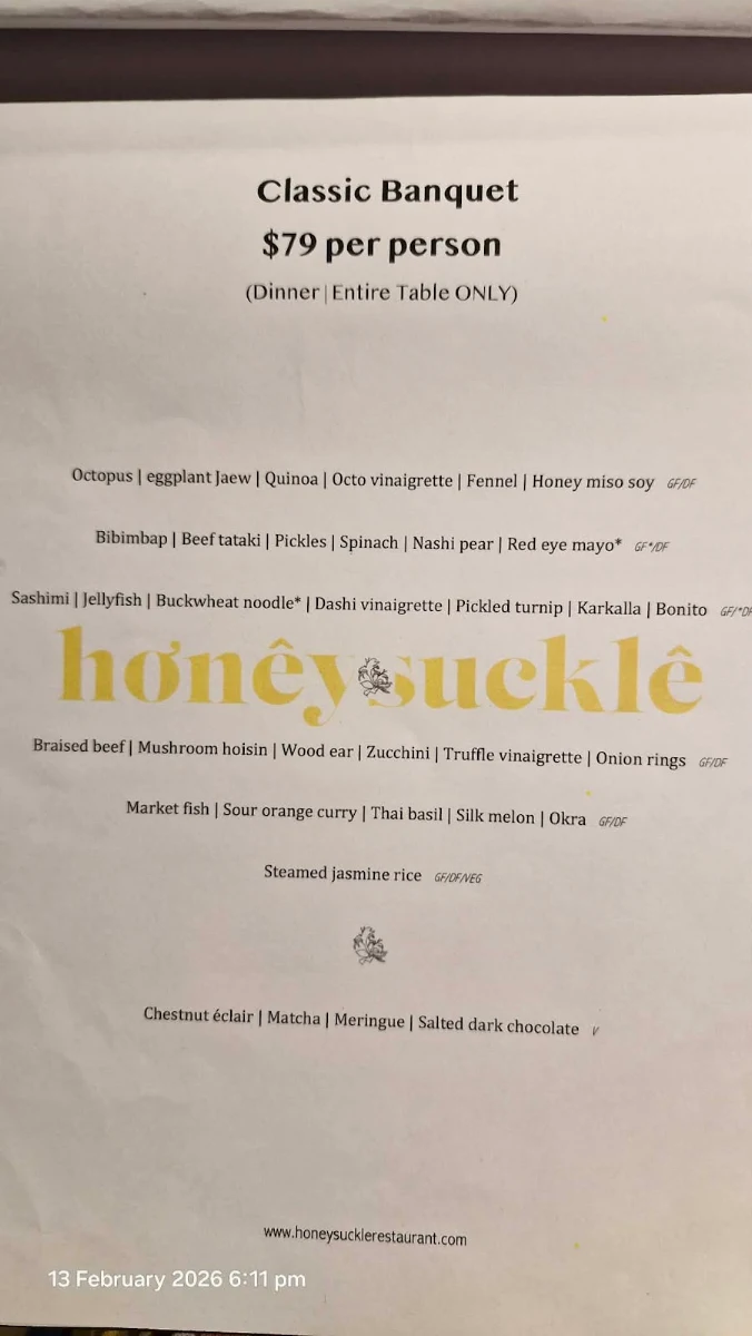 Menu, Honeysuckle Restaurant