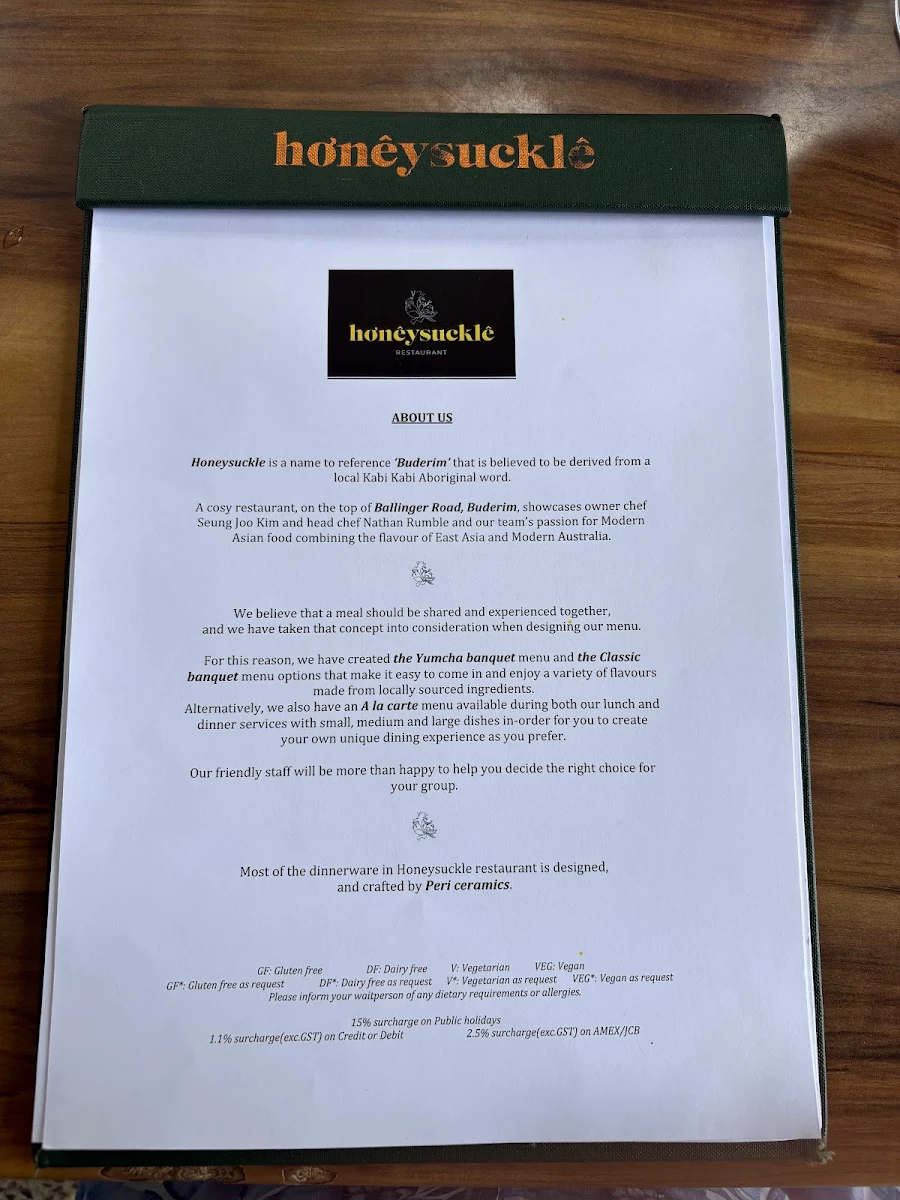 Menu, Honeysuckle Restaurant