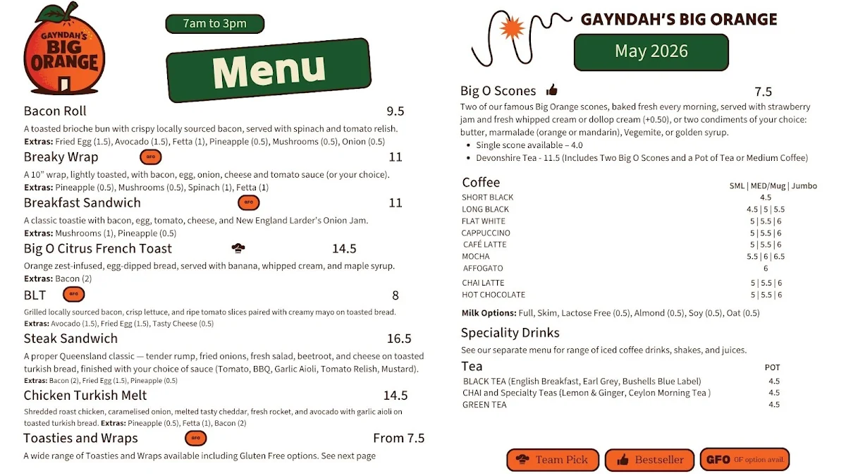 Menu, Gayndah's Big Orange
