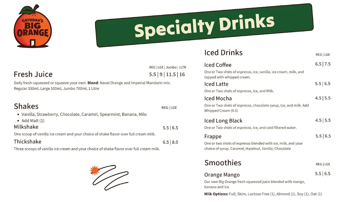 Menu, Gayndah's Big Orange