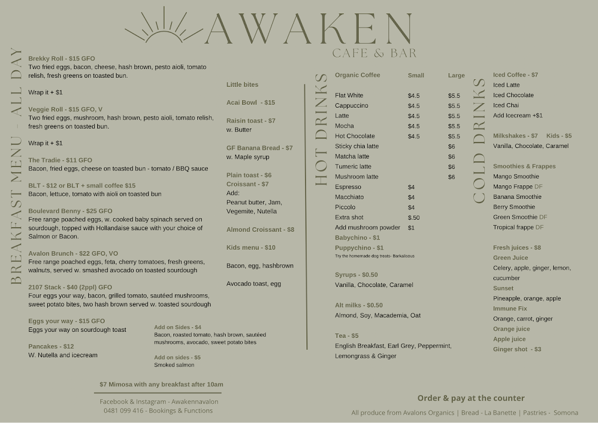 Menu, Awaken Avalon