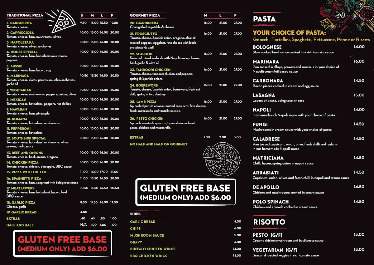Menu, Southside Pizza & Pasta