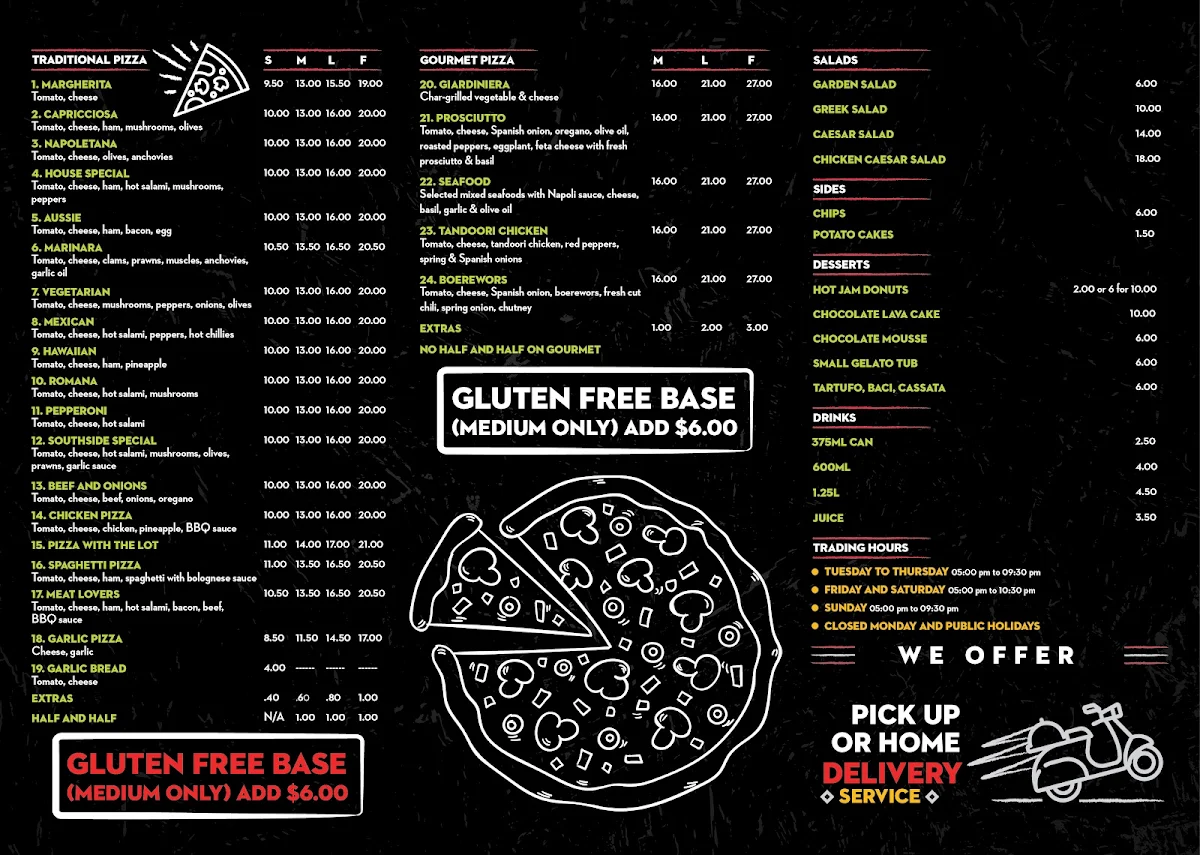 Menu, Southside Pizza & Pasta
