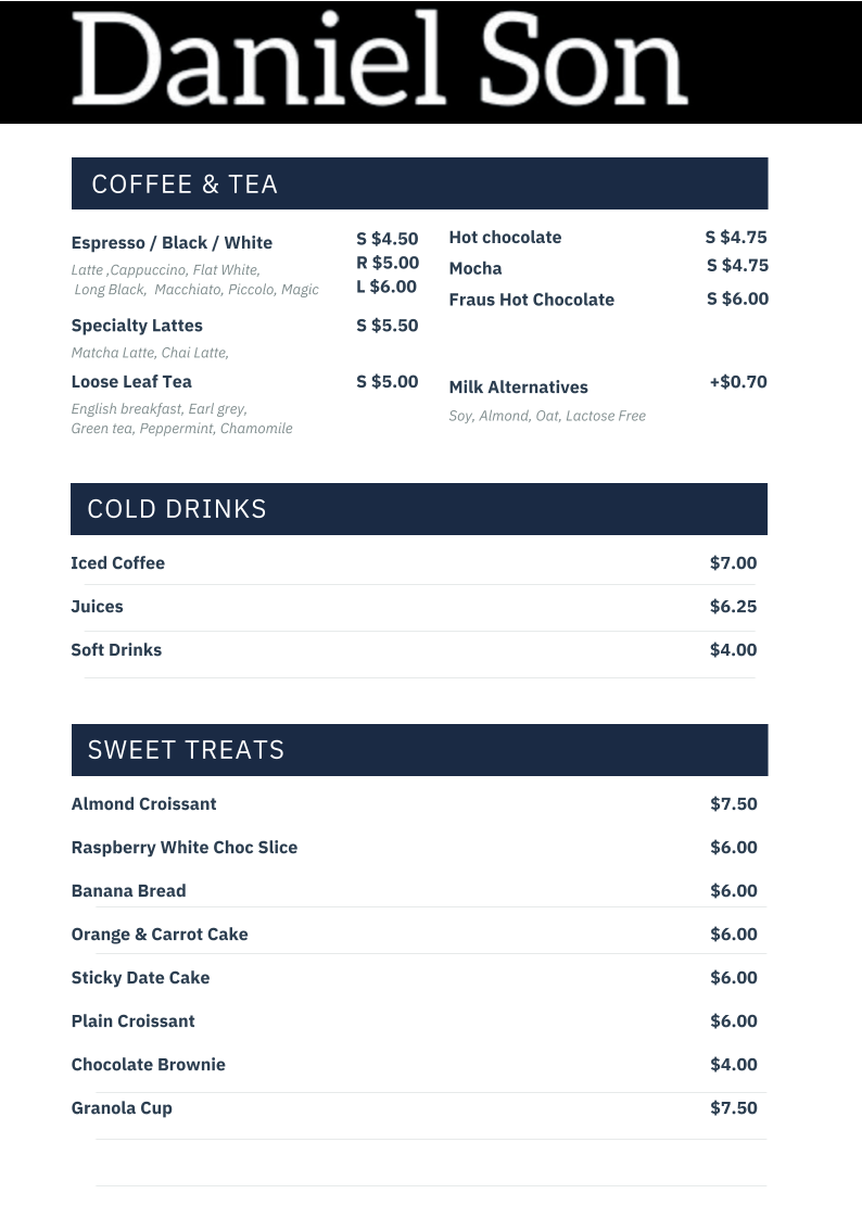 Menu, Daniel Son Express