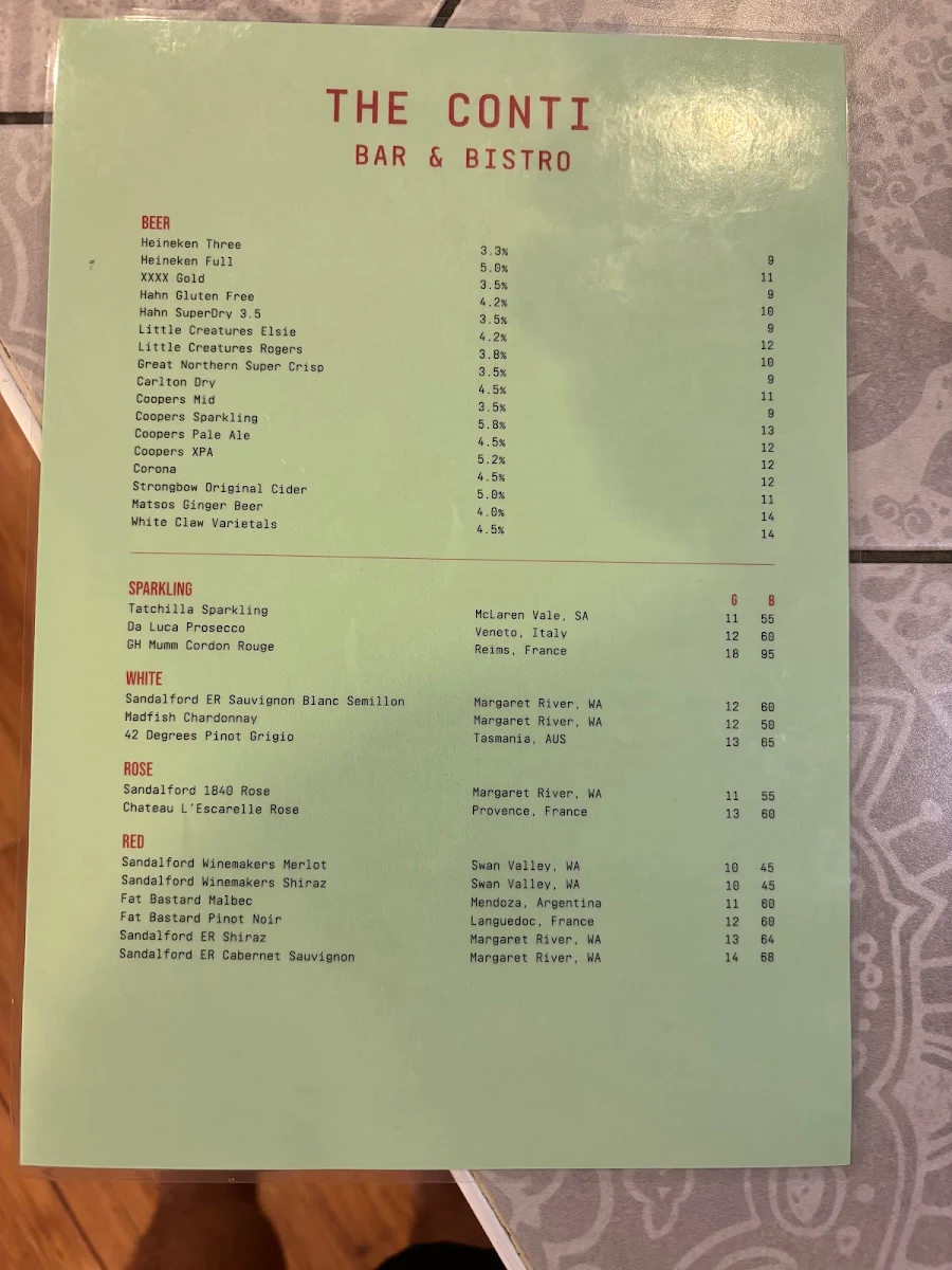 Menu, Conti Bar & Bistro