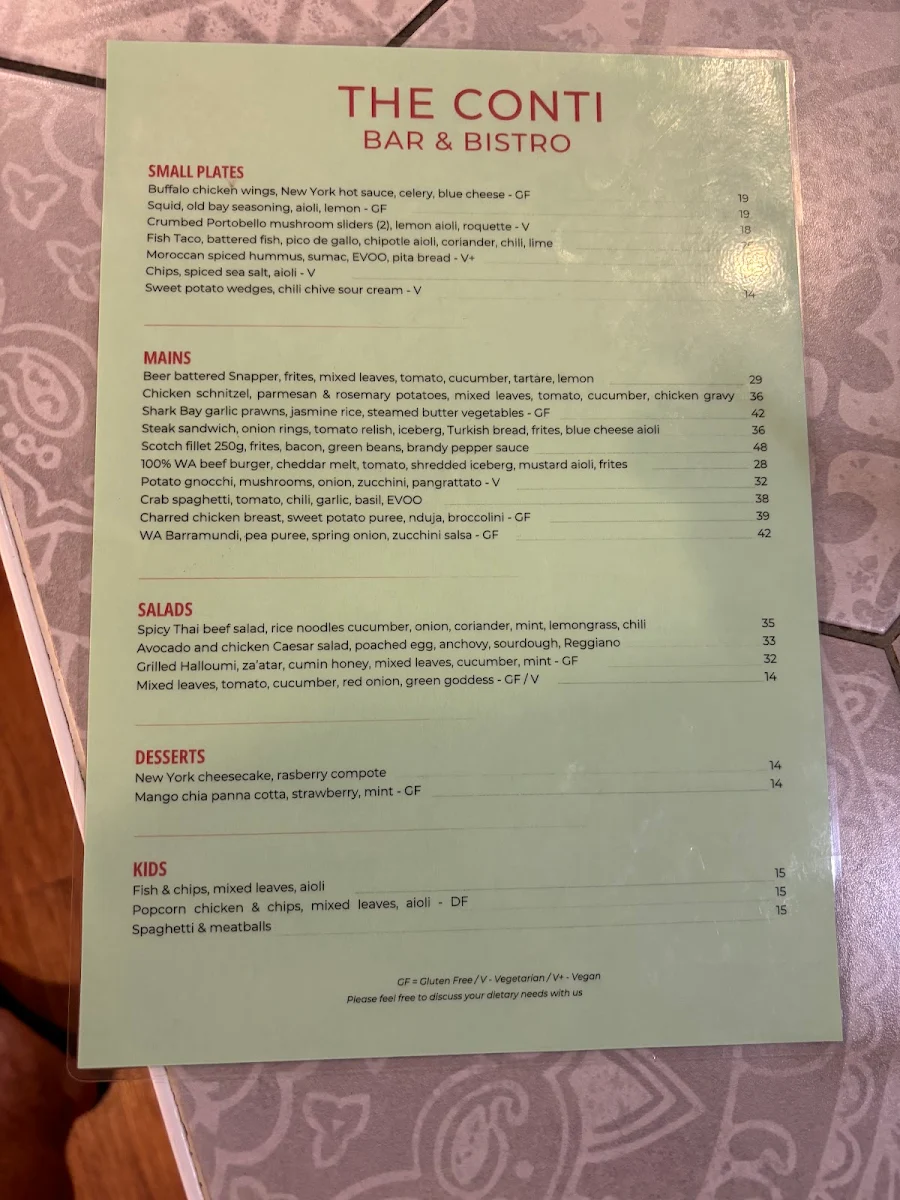 Menu, Conti Bar & Bistro