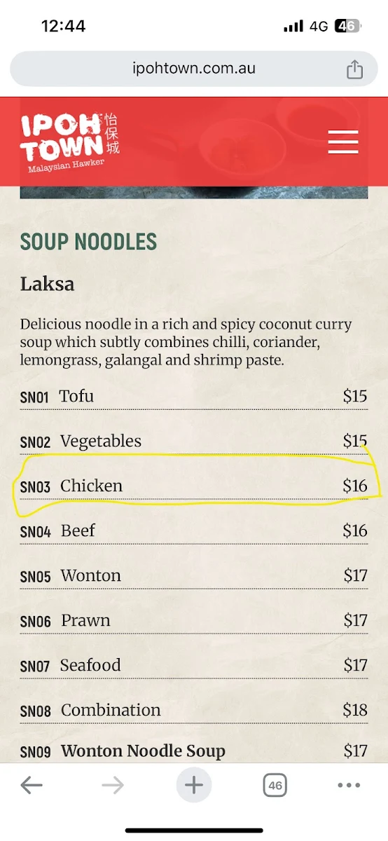 Menu, Ipoh town On York
