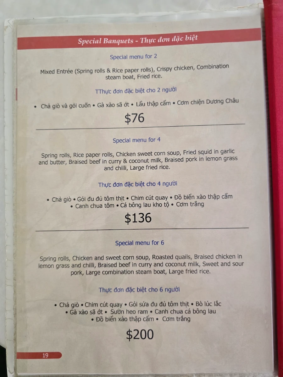 Menu, My Canh Restaurant