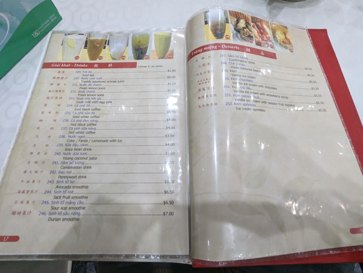 Menu, My Canh Restaurant