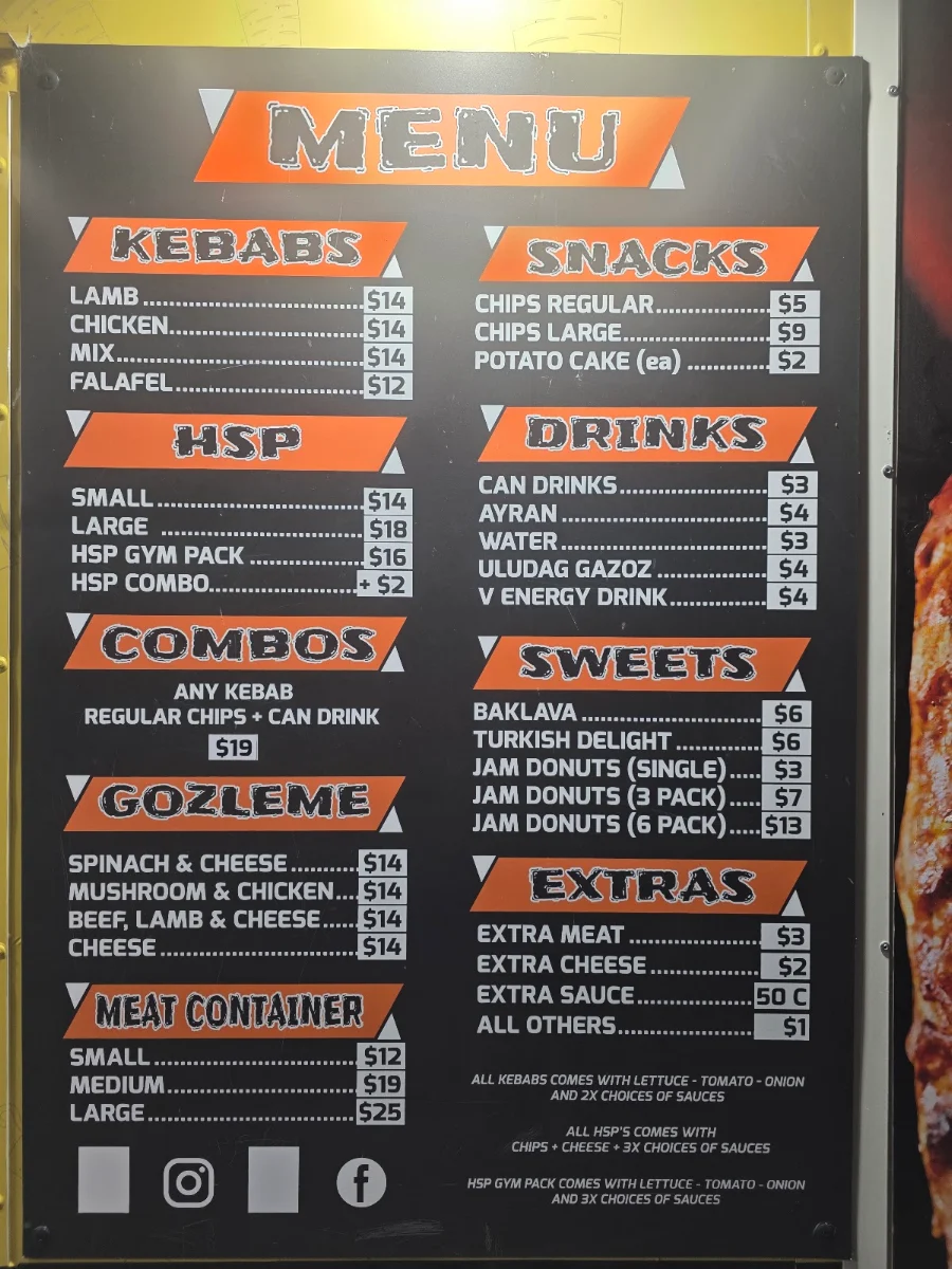 Menu, Westy Kebabs